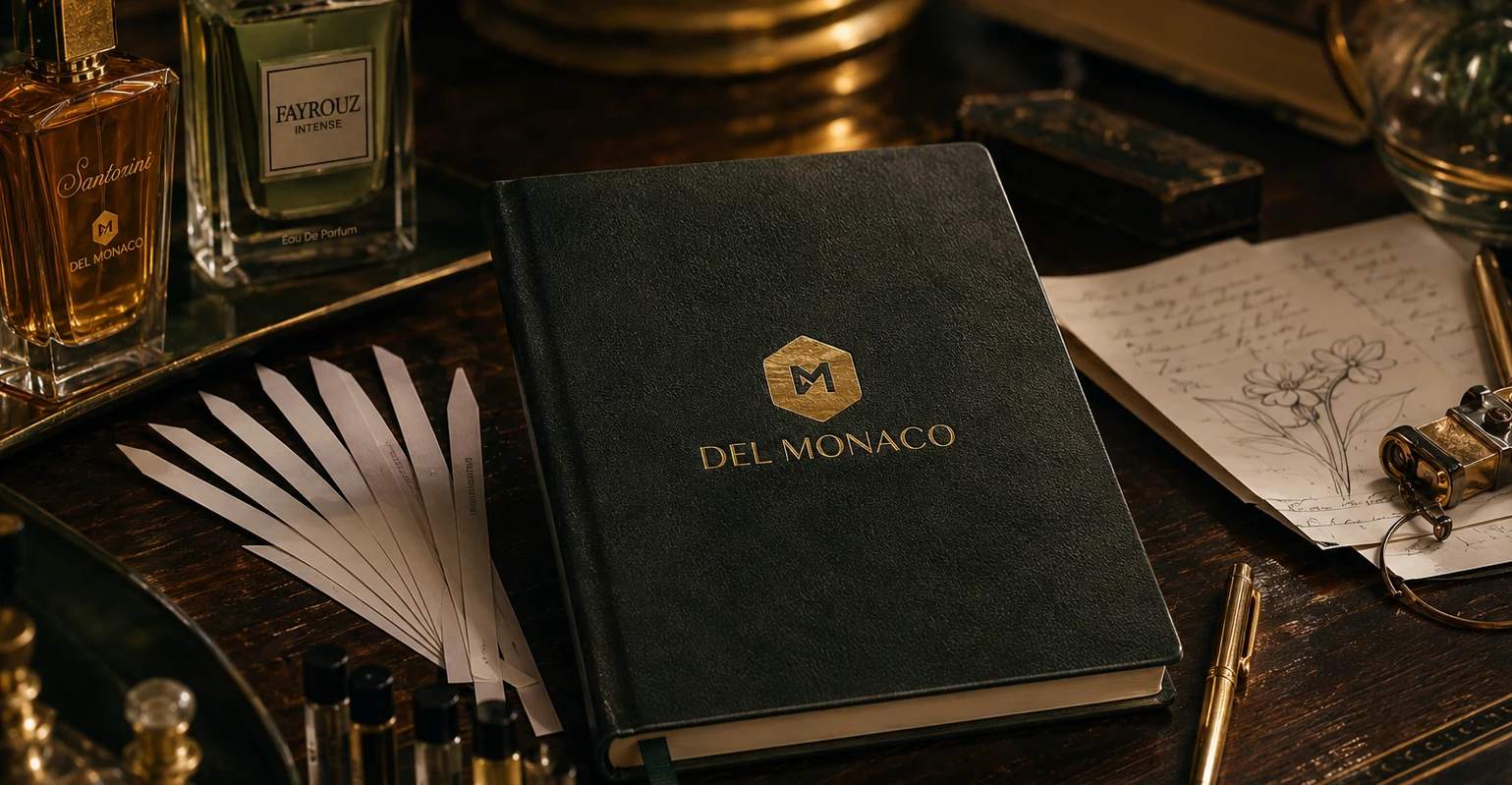 Notebook, scent blotters, pen and fragrance development desk