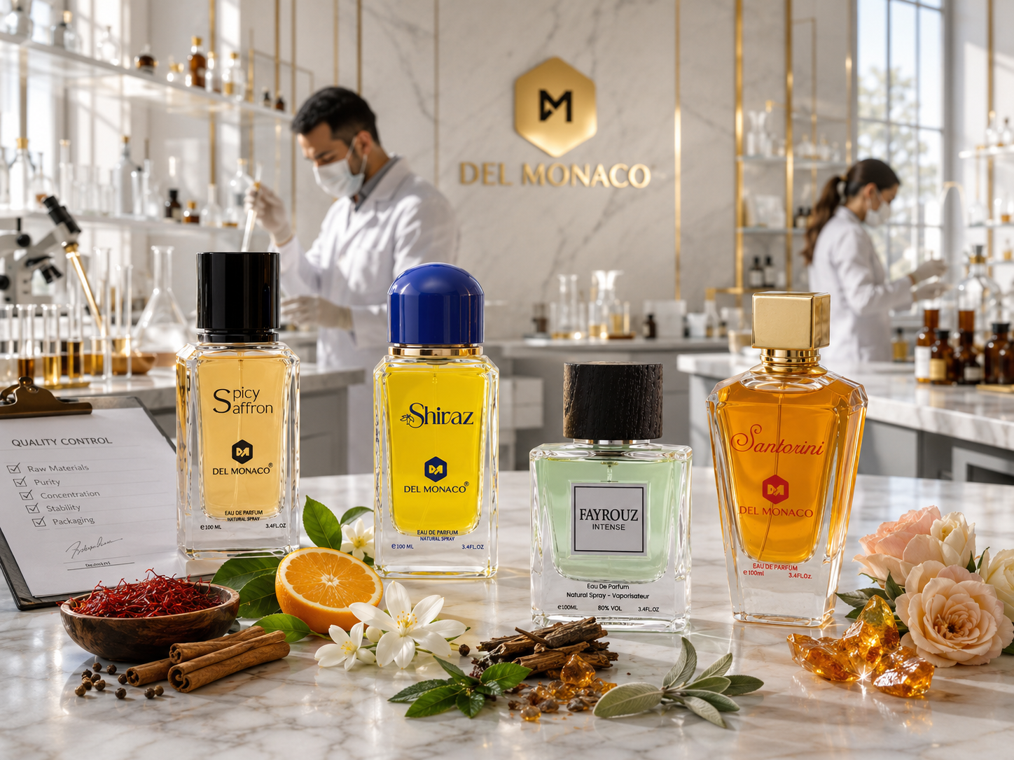 Perfume atelier still life with artisanal craftsmanship mood
