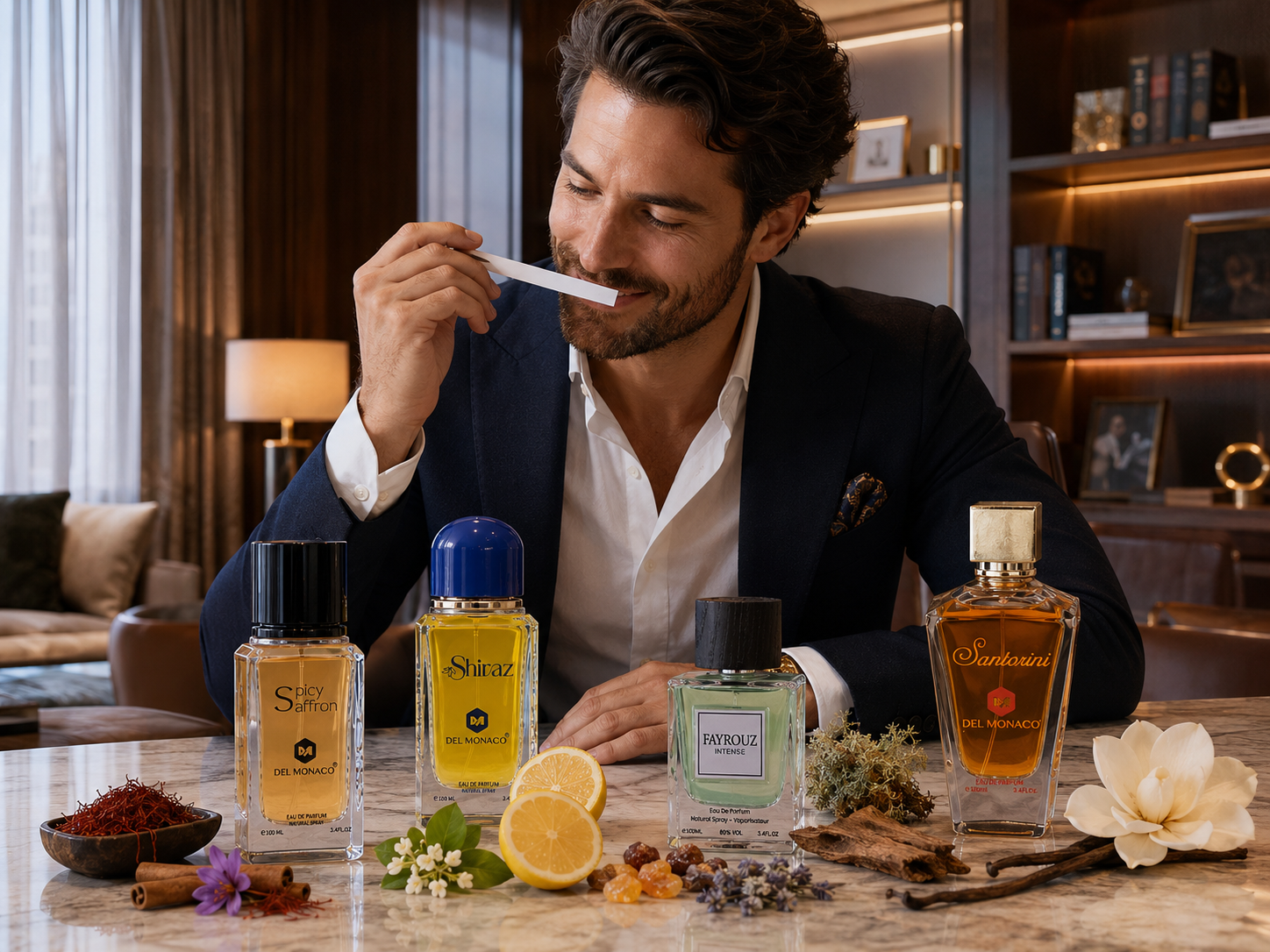 Luxury perfume display with golden accents and polished retail styling