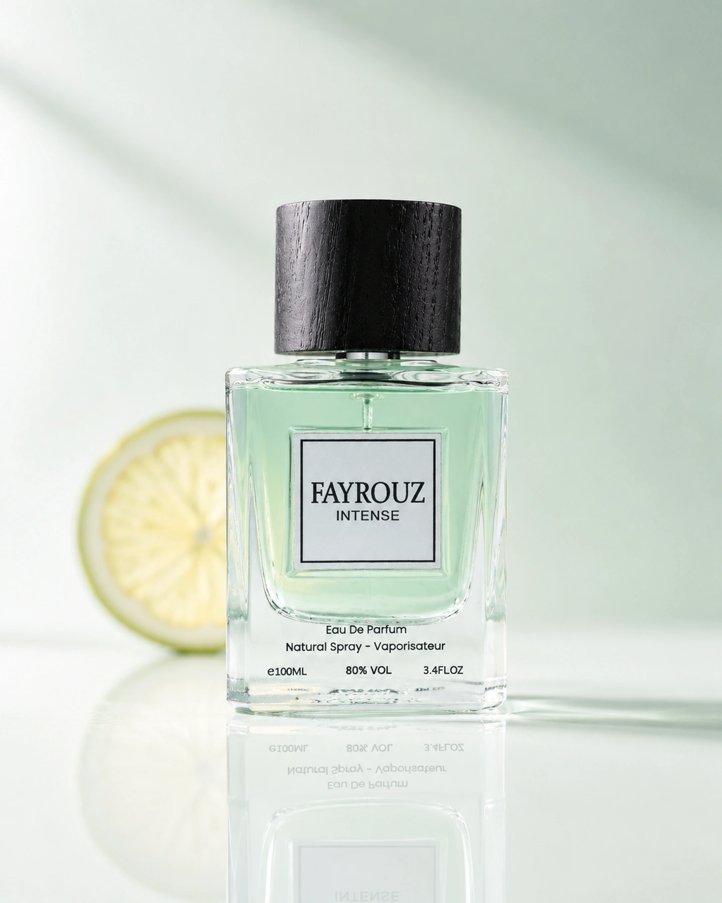 Real Fayrouz Intense Del Monaco perfume bottle with clean citrus reflection